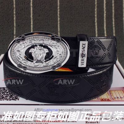 AAA Versace Medusa Head Black Leather Belt - Palladium Buckle